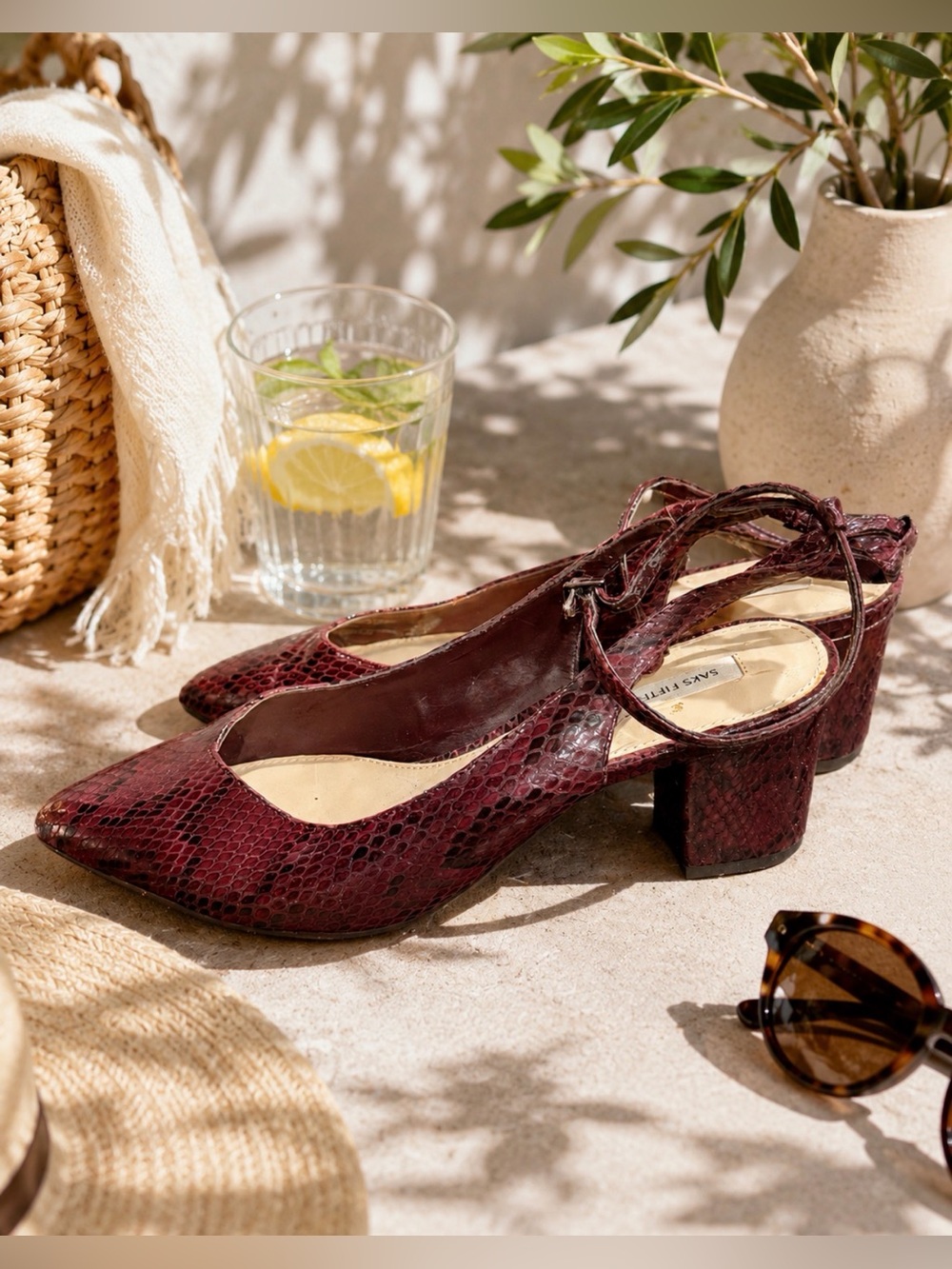 Saks Fifth Avenue Burgundy Snake-Embossed Slingback Block Heel size 8